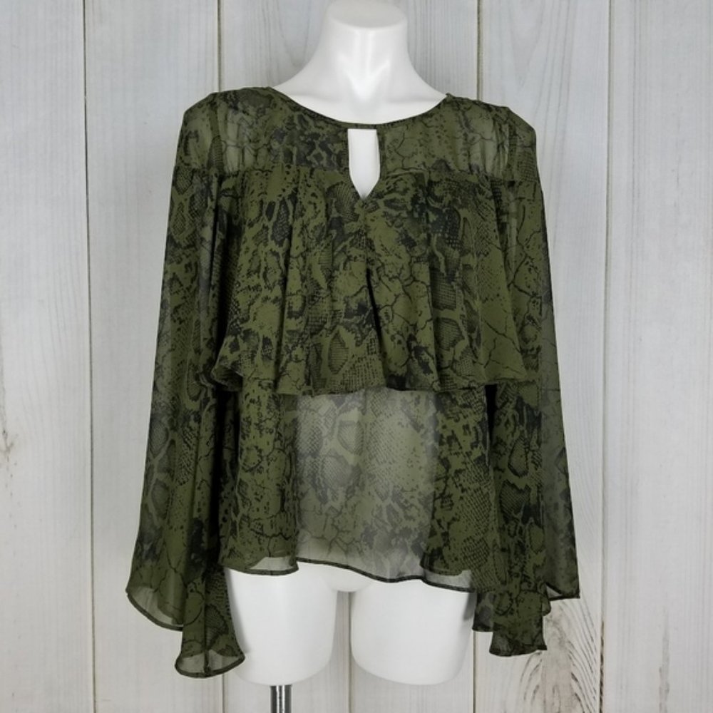 Jennifer Lopez Green Reptile Print Ruffle Blouse